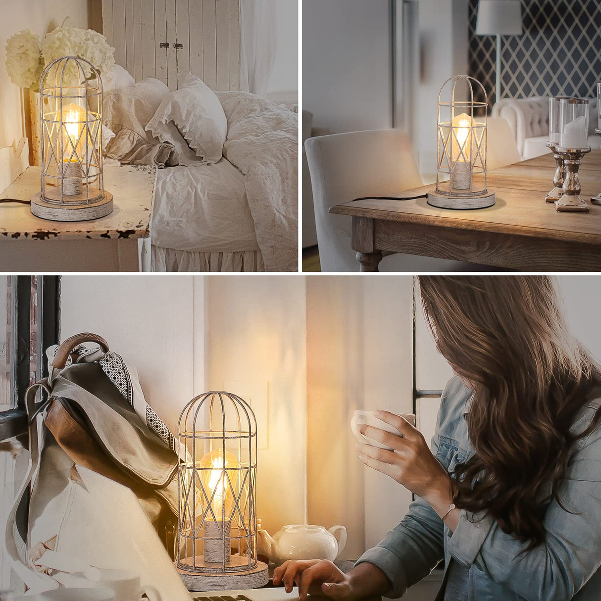 Small Table Lamp, Touch Control Table Lamp with Brushed White Oak Cage, Farmhouse Bedside Lamp 3-Way Dimmable Nightstand Lamp Edison Lamp for Bedroom, Living Room, Hallway, Kitchen, LED Bulb Included Seaside village