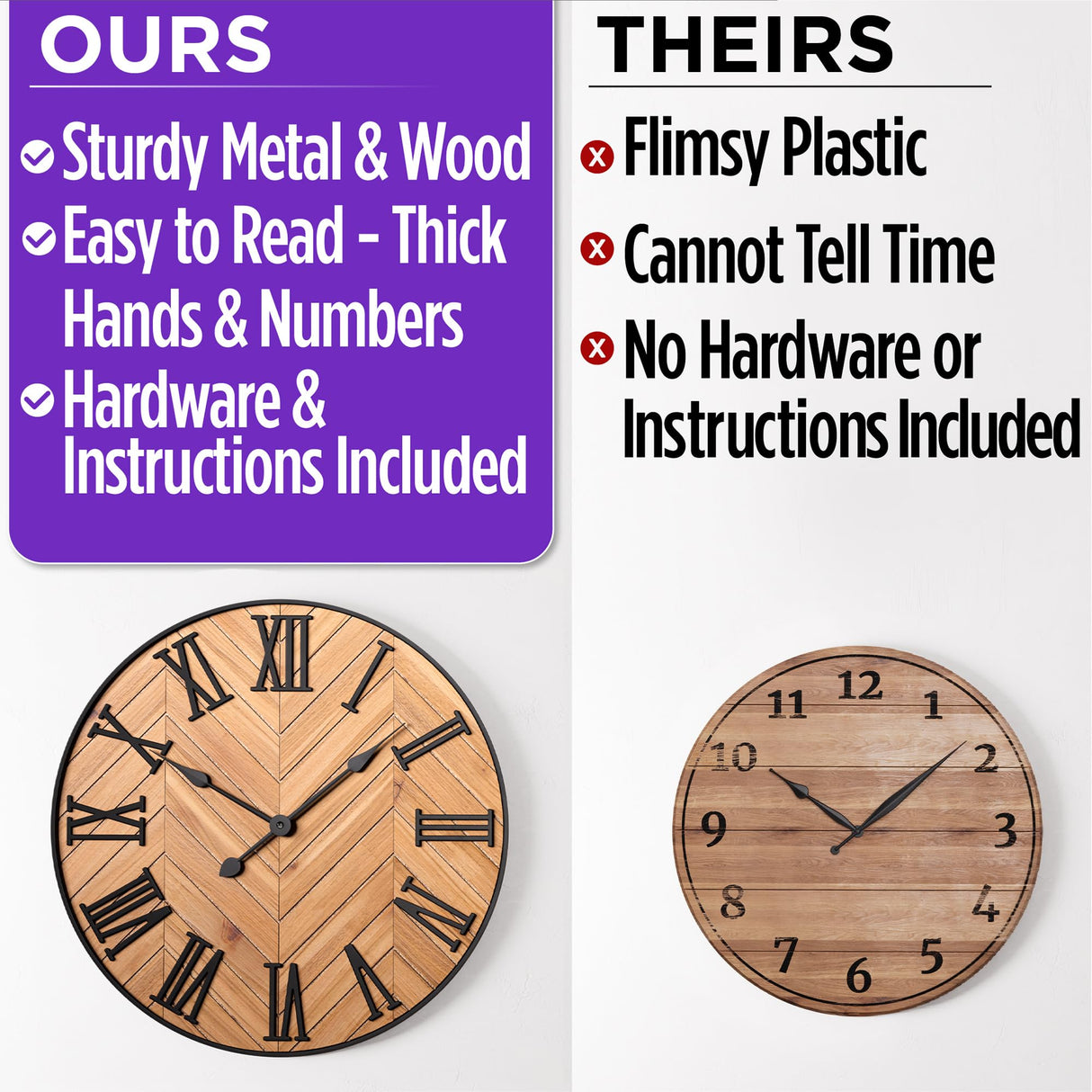 Large Wall Clock 24" Round - Silent Metal & Wood Large Clock - Farmhouse Wall Clock Large - 24 Inch Wall Clock For Living Room Decor - Big Wall Clock Roman Numerals - Wall Clocks For Living Room Decor HB Design Co.