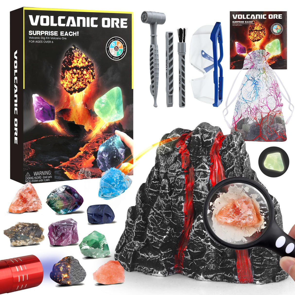Woumserta Volcano Dig Kit - 10 Rocks Excavation Kit, Gemstone Rocks for Kids, Fossil Volcano Toys Dig Kits for Rocks Collection, Volcano Toys for Boys Girls and up Year Old Birthday Gifts Woumserta
