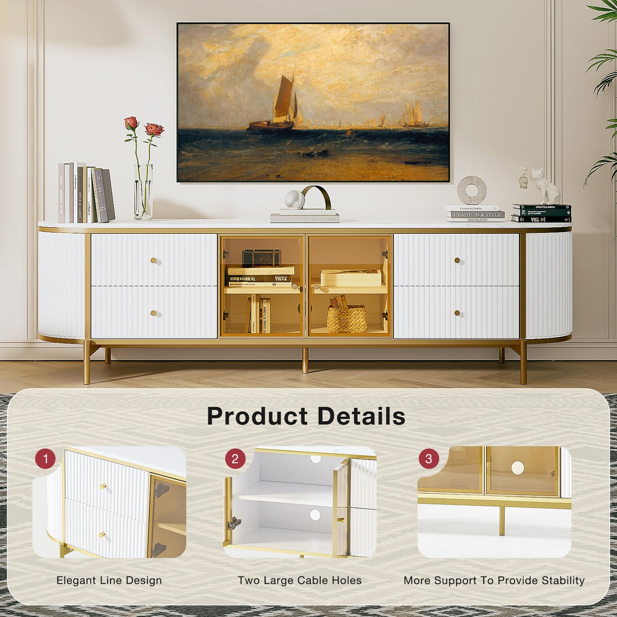 oneinmil Luxury 70" Fluted TV Stand for TVs Up to 75", Modern Entertainment Center with Faux Marble Top, Media Console with Curved Profile Design, Television Stands for Living Room, White oneinmil