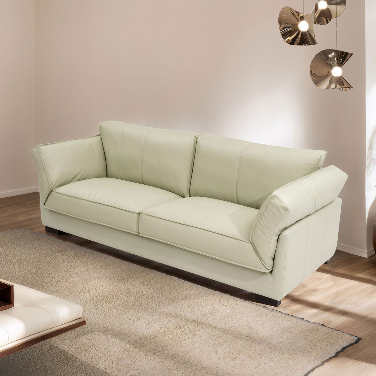 86.61-Inch Leather Sofa Couch, DREMODERN Mid-Century Modern Genuine Leather Couch with Extra Deep Seats for Living Room Apartment Office - Beige DREAMODERN