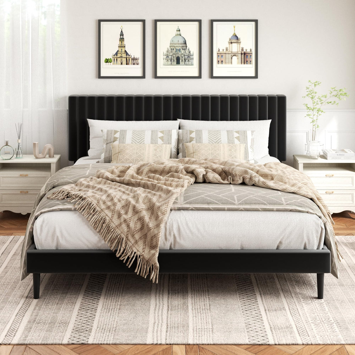 HAOARA King Size Bed Frame, King Size Platform Bed Frame and Velvet Upholstered Headboard with Strong Wood Slats, Box Spring Optional, Mattress Foundation, Easy Assembly Black HAOARA