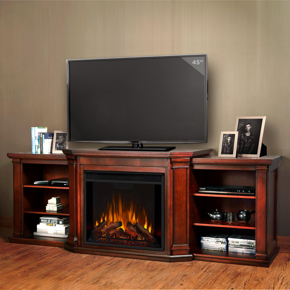 Real Flame Valmont 74" Electric Fireplace TV Stand for TVs up to 70 inches, Entertainment Center with Adjustable Shelves and Storage, TV Stand for Living Room and Bedroom, Remote Control, Timer Real Flame