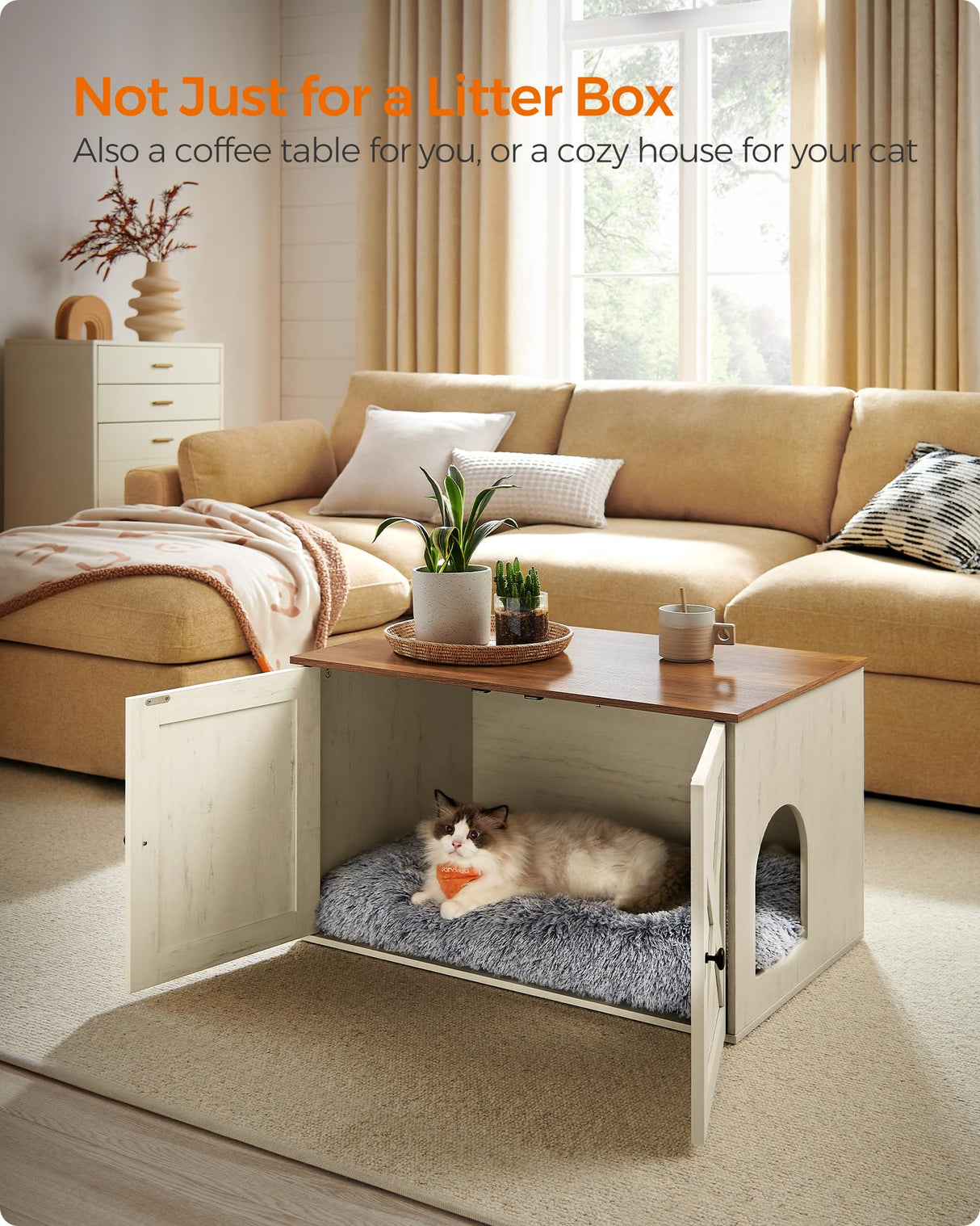 Feandrea Cat Litter Box Enclosure, Litter Box Furniture Hidden with Removable Divider, Indoor Cat House, End Table, 31.5 x 20.9 x 19.7 Inches, Honey Brown and Rustic White UPCL002P01 Feandrea