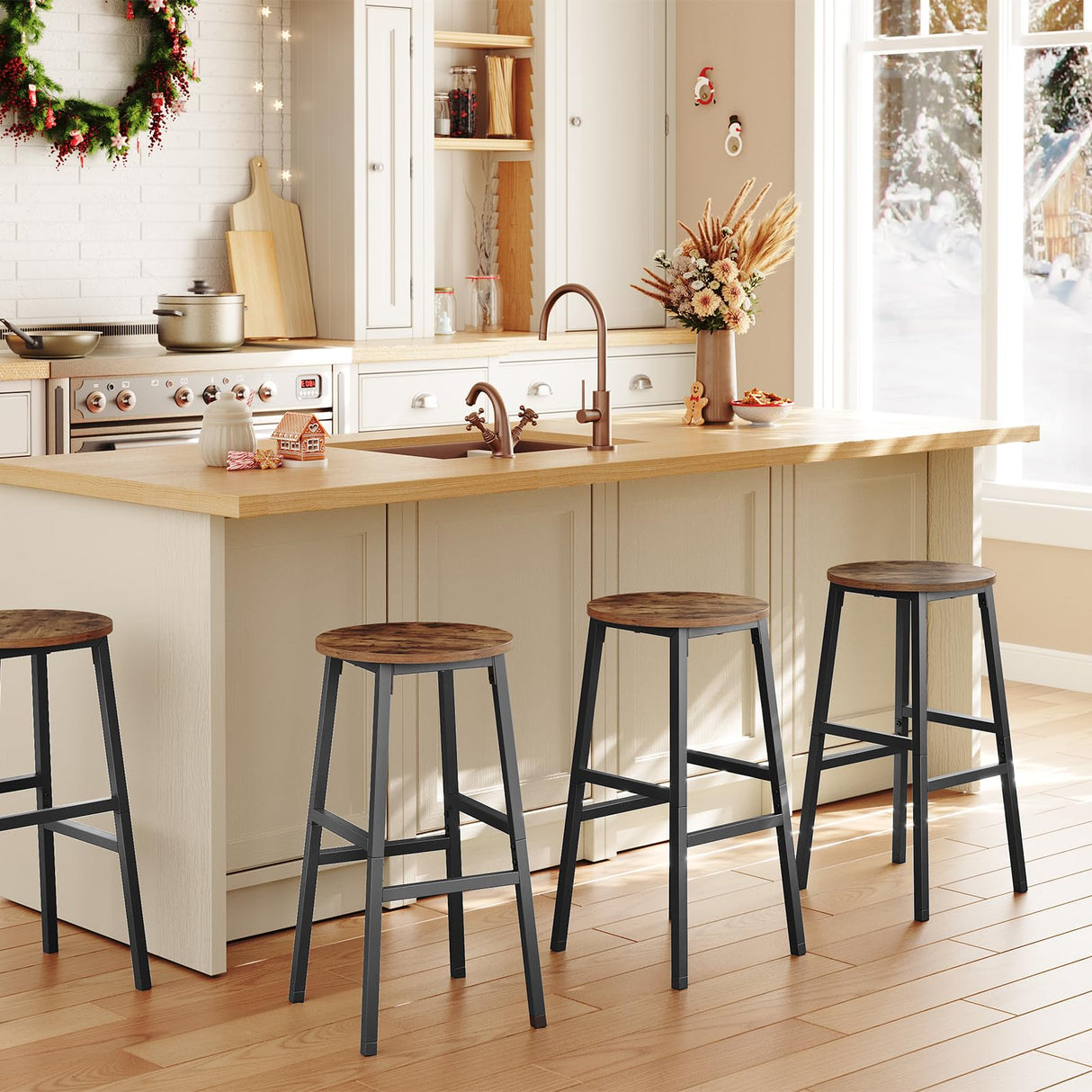 MAHANCRIS Bar Stools, Set of 2 Round Bar Chairs with Footrest, 24.4 Inch Kitchen Breakfast Bar Stools, Industrial Bar Stools, Easy Assembly, for MAHANCRIS