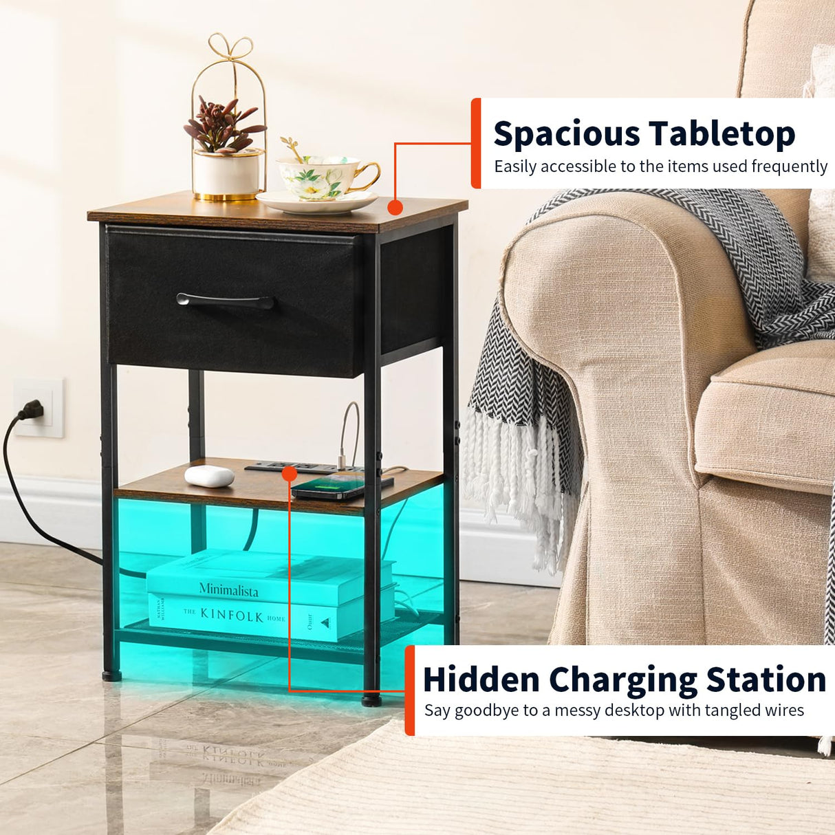 LAKEMID Nightstands Set of 2 with Charging Station and Drawer, End Table Side Table with 20 Colors LED Light Strip and 2 Layers Shelf for Bedroom Living Room Sofa (Rustic Brown) LAKEMID