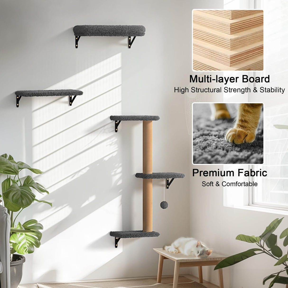 FUKUMARU Cat Wall Shelves, Stable & Safe 4 in 1 Cat Furniture Set, Wooden Climbing Wall with Scratching Post for 16 Inch Drywall - Gray FUKUMARU