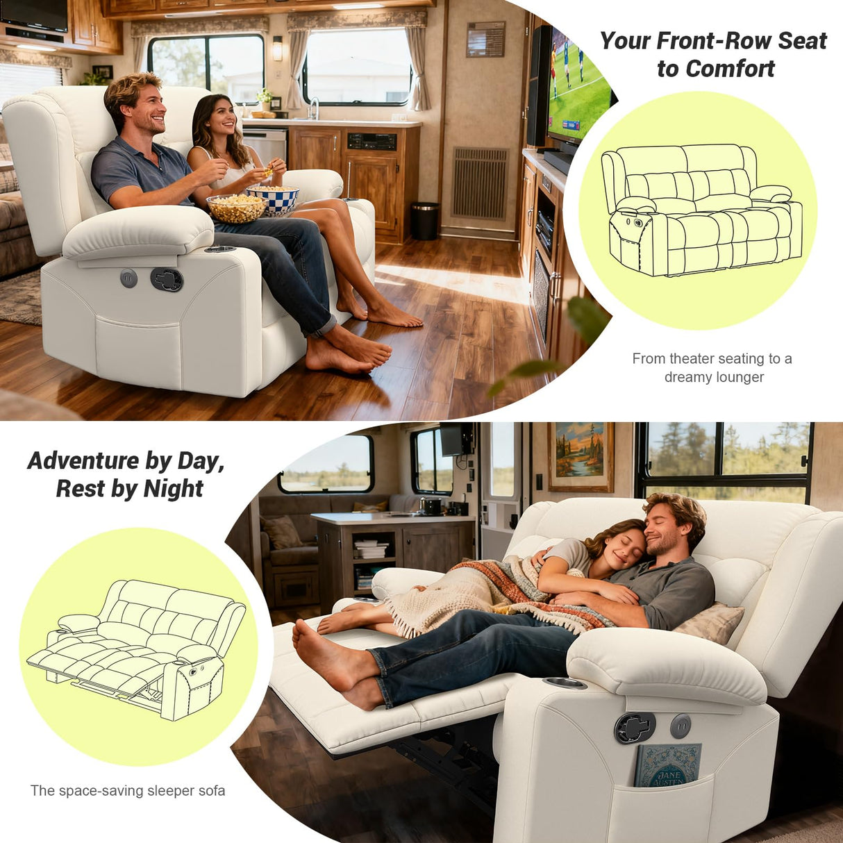 MOSGAT RV Loveseat Recliner Sofa, Reclining Loveseat Home Theater Seating with USB Ports, Cup Holders, Insert Pockets, Wall Hugger RV Recliners for Movie Room, Recline Movie Seats Gaming Sofa, White MOSGAT