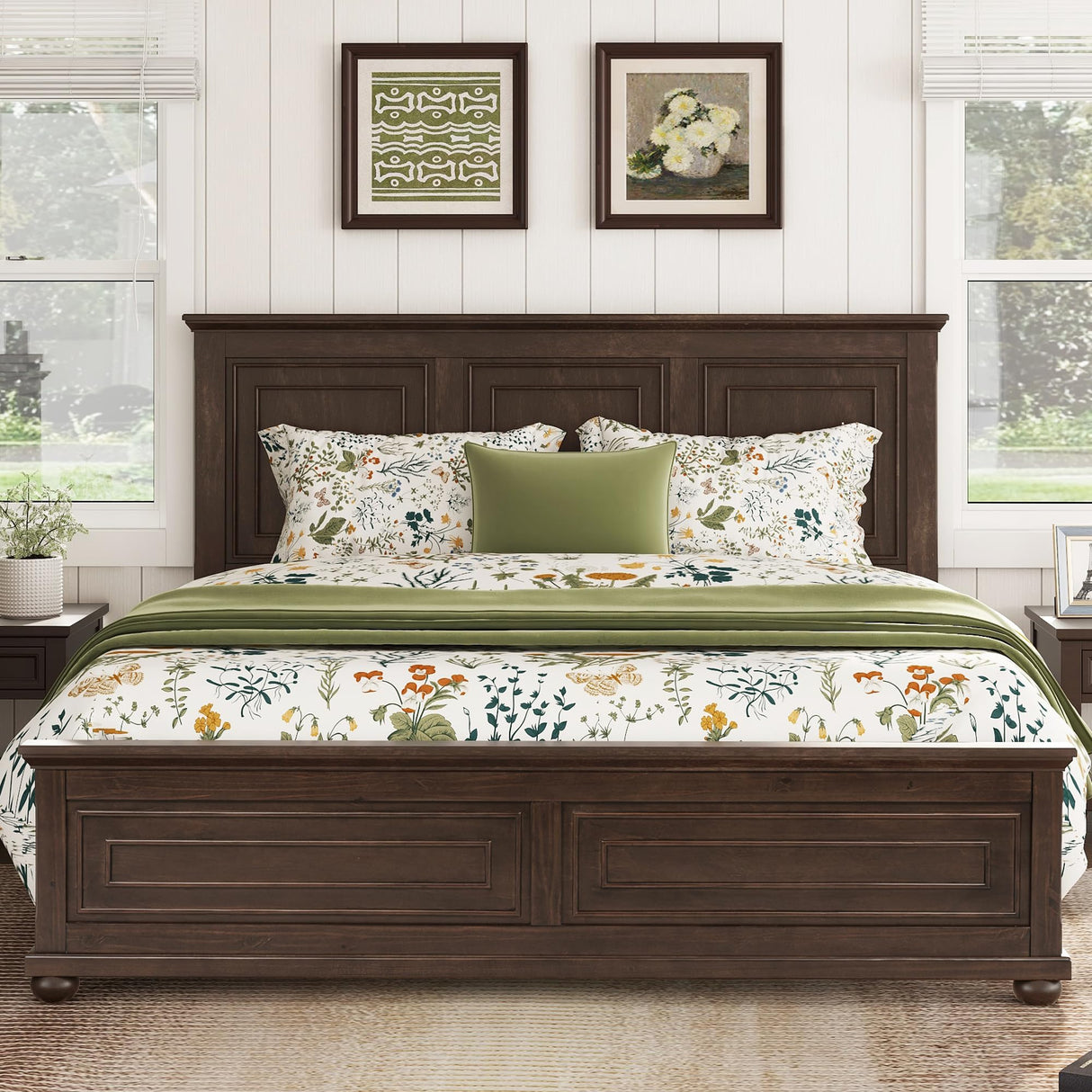 Mirightone Farmhouse King Bed Frame with Tall Headboard, Wood Platform Bed and Footboard, Mid-Centery Rustic King Panel Beds with Slats Support, No Box Spring Needed, Rustic Brown Mirightone