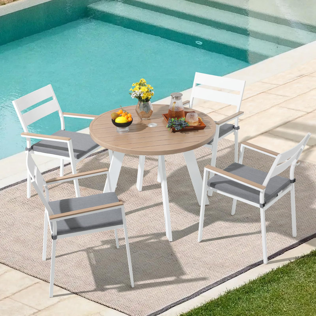 JOIVI 5 Piece Outdoor Dining Set, Aluminum Patio Furniture Dining Table and Stackable Chairs Set for 4 People, Wood Grain Tabletop with 2.05” Umbrella Hole, for Deck, Backyard, Gray Cushions JOIVI