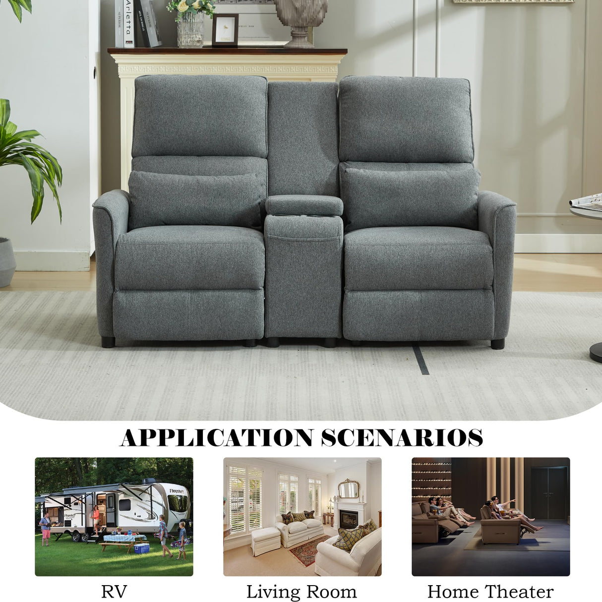 DRMBOOK 63'' RV Loveseat Recliner Sofa, Linen Fabric Double Camper Couch 2 Seater Recliner with Console, Home Movie Theater Seating Chair, 2 Person Push Back Recliners for Living Room, Grey DRMBOOK