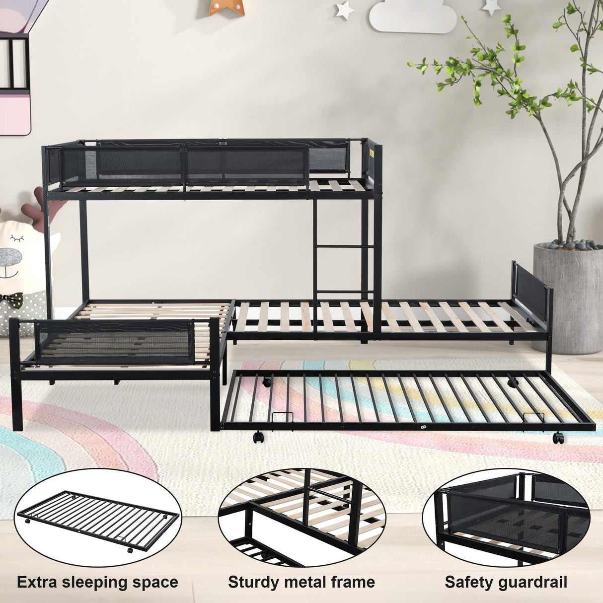 IHDKO Oversized L-Shaped Triple Bunk Bed with Trundle for Kids, Metal Quad Bunk Beds Twin Over Twin for 4 Kids, Modern 3 Bunkbeds with Ladders & Guardrails for Teens Girls Boys Adults, Black IHDKO