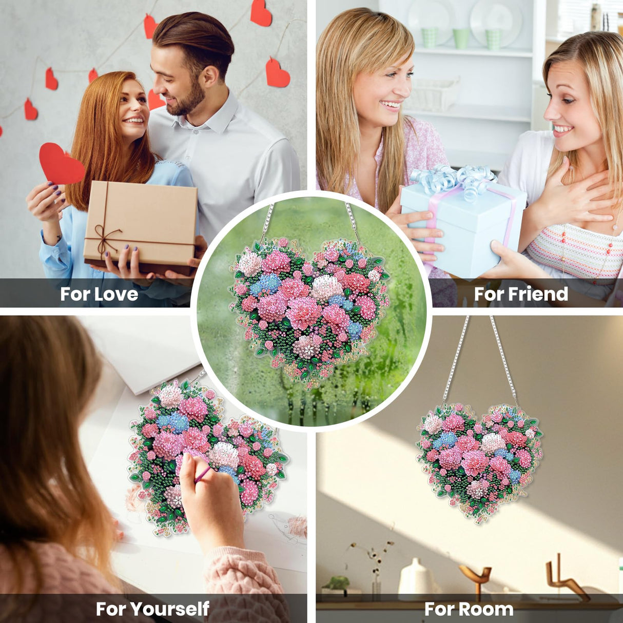 EOBROMD Diamond Hanging Art Kits for Adults, Heart Flower DIY Special Shaped Rhinestone Kits for Adults, Diamond Art Painting Suncatcher, Window Pendants Home Garden Wall Hanging Ornament EOBROMD