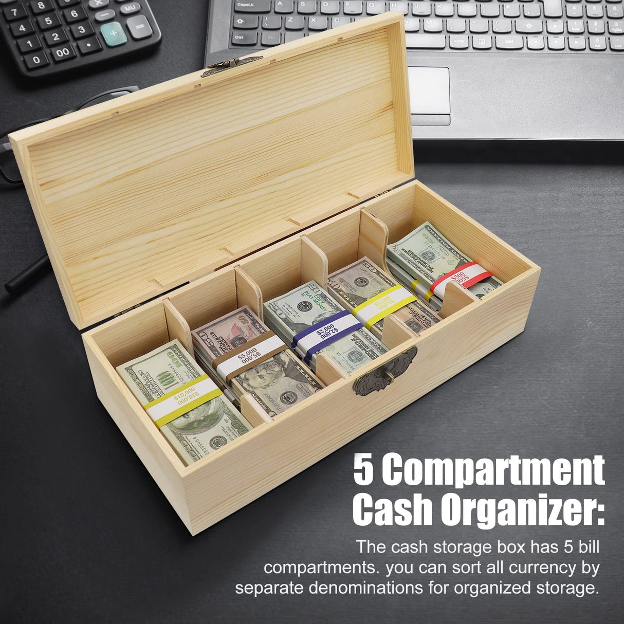 Mczxon Wooden Locking Currency Money Cash Tray with Coin Tray, 5 Compartment Wooden Cash Money Currency Organizer Storage Change Box Case Holder Moneyboxes with Lockable Cover 300 Money Wrappers Mczxon