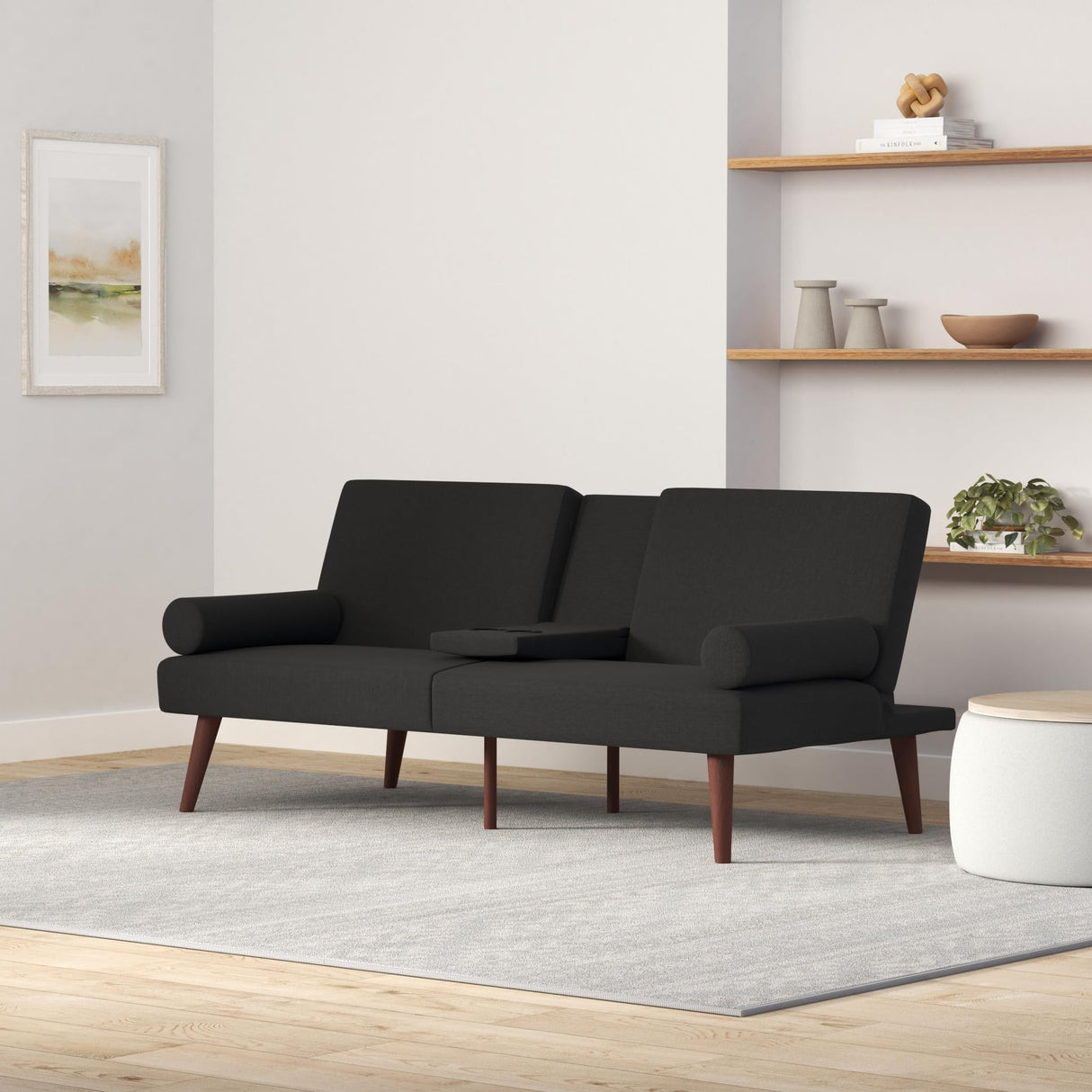 Best Choice Products Mid-Century Modern Upholstered Futon, Convertible Folding Sofa Bed, Small Couch w/Rounded Armrests, 2 Cupholders - Black Best Choice Products