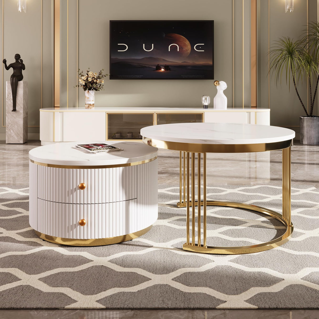 27.6'' Modern 2 Pieces Round Nesting Coffee Table with Drawers, Gold+White Merax