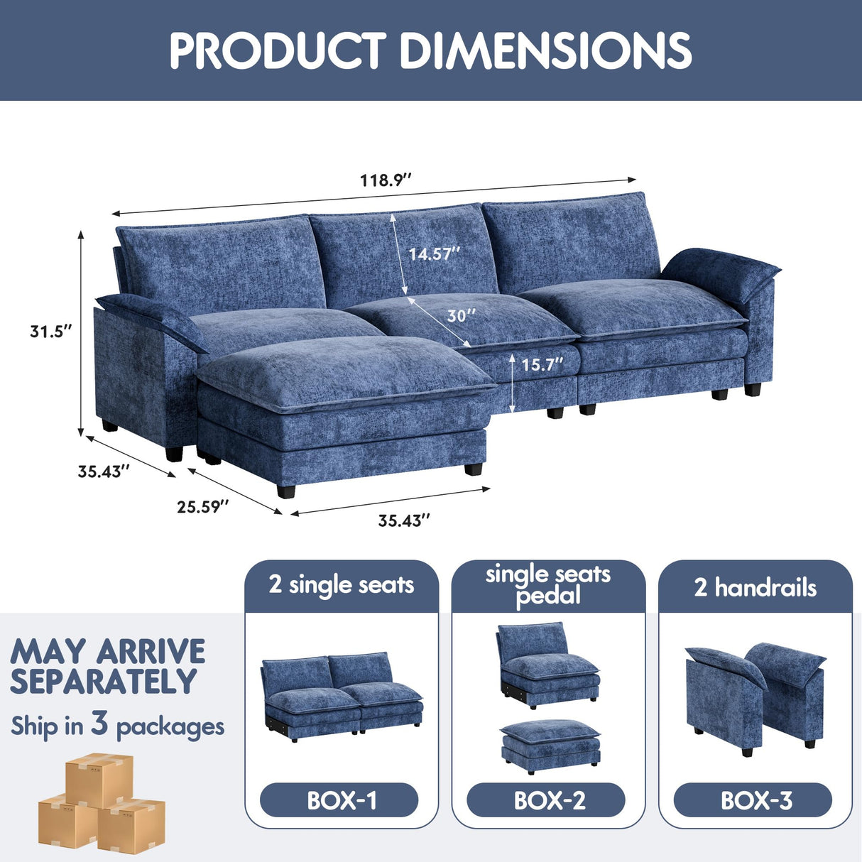Homall 119" Modular Sectional Sofa, L Shaped Sofa Couch with Reversible Ottoman, DIY Combination Chenille Deep 3-Seat Cloud Couch for Living Room, Apartment (Dark Blue, L Shaped Sofa) Homall
