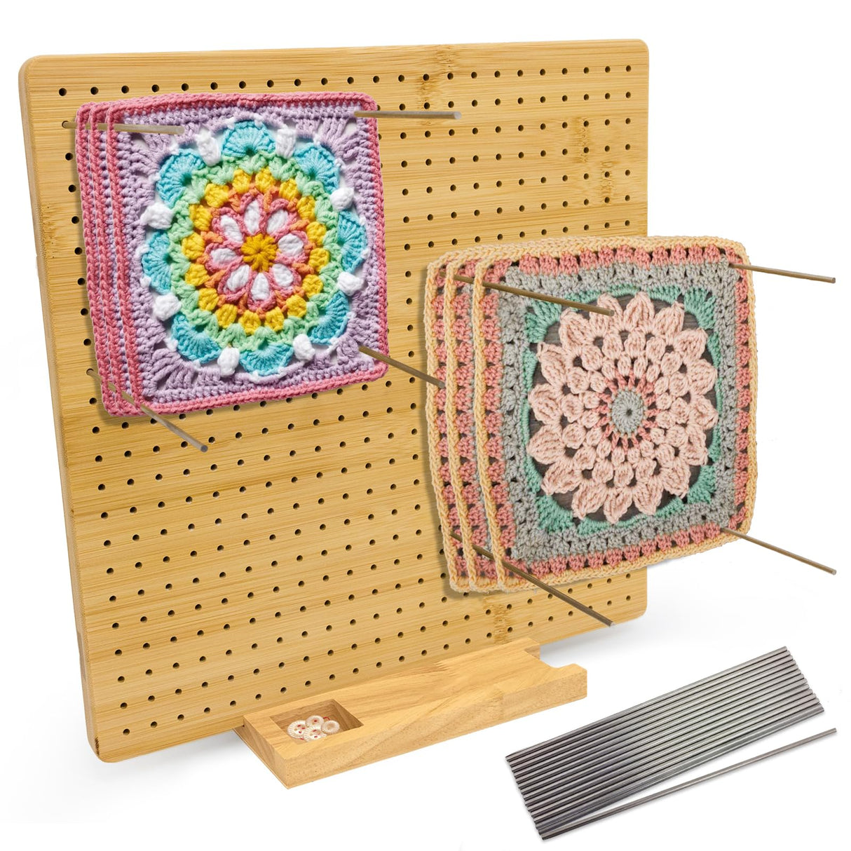 13" Crochet Square Blocking Board for Crocheting with 15 Stainless Steel Rods, Crochet Blocking Board with Pegs, Granny Square Blocking Board Gifts for Mothers, Grandmothers, Knitting Enthusiast Yikaroeli