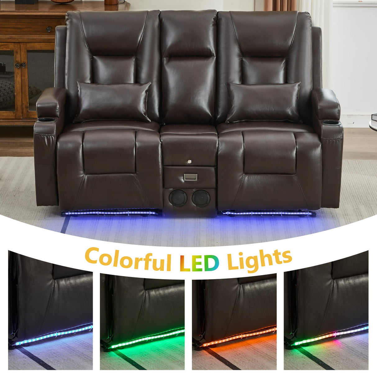 URRED Wall Hugger Loveseat Recliner Sofa with Flip Console, Power Reclining Loveseat RV Couch with LED Lights, Bluetooth, USB Ports, Outlets, Cup Holders, Side Pockets, Faux Leather, Dark Brown URRED