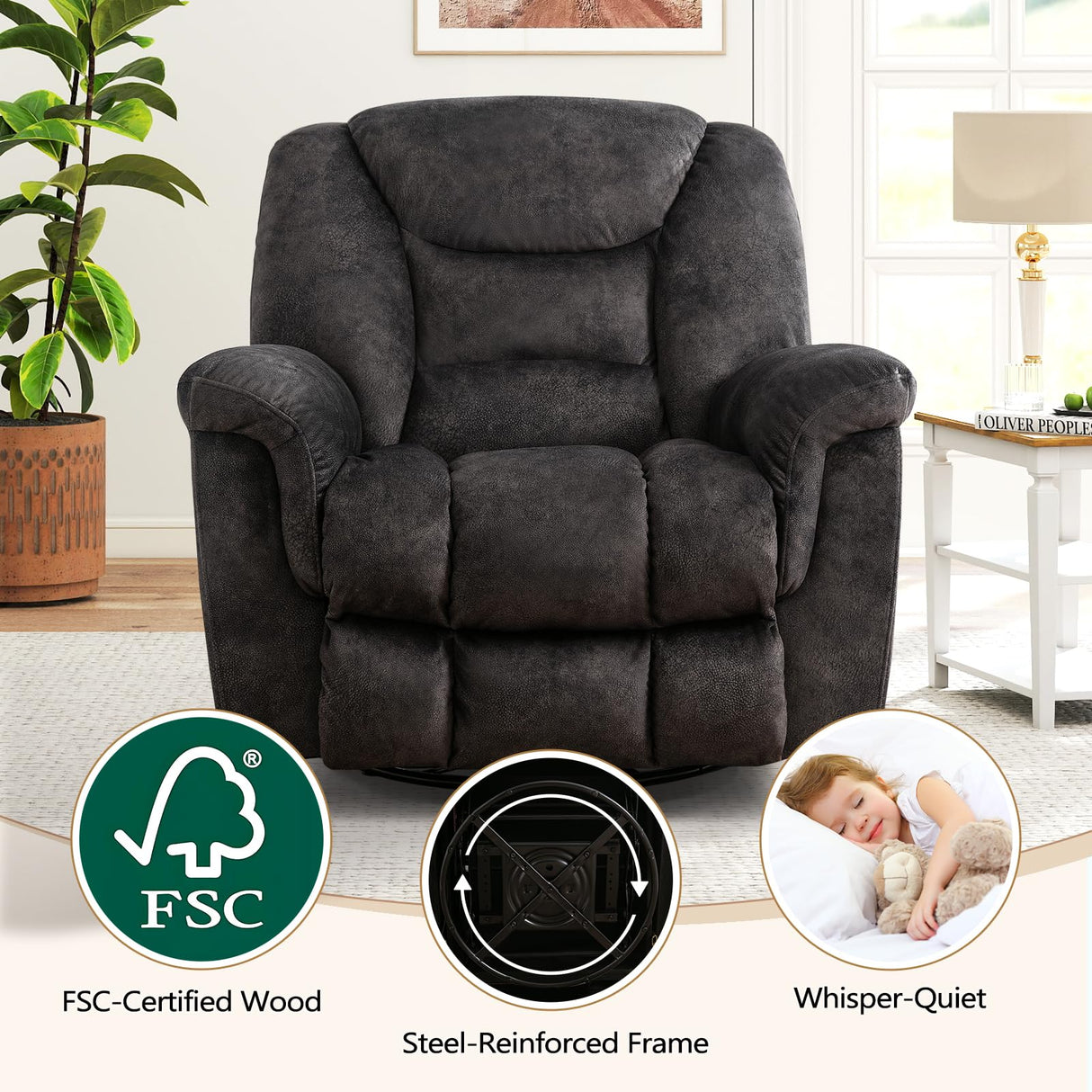 ANJ Rocking Recliner Chair Oversized Swivel Rocker Recliners, Comfy Glider Rocking Chairs for Big Man, Extra Wide Recliners Overstuffed Reclining Chair for Living Room, Grey ANJ