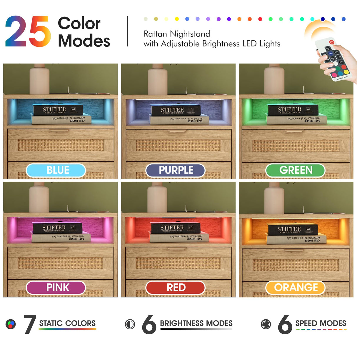 Halitaa Rattan Nightstand with Charging Station USB Port Led Lights and 2 Storage Drawers, Bedroom Furniture Night Stand Bedside Table Bed Side Table End Table Sofa Table (1 Pack) Halitaa