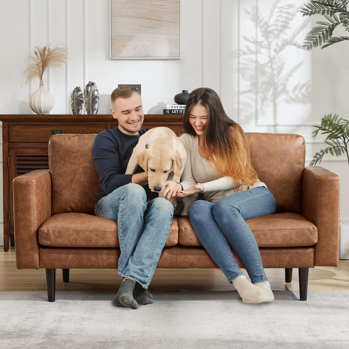 Kingfun 65" Loveseat Sofa, Faux Leather Love Seat Couch, Mid Century Modern Couch with Solid Wooden Frame for Living Room & Bedroom in Small Spaces, Brown Kingfun