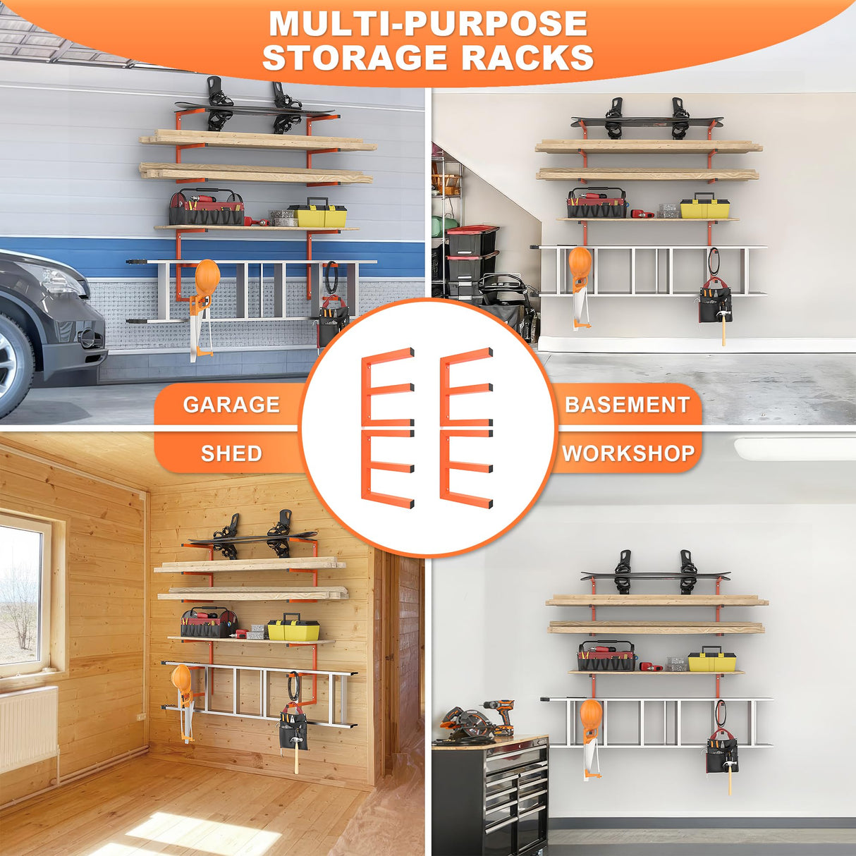 Ultrawall Lumber Storage Rack Wall Mount Wood Storage Racks, Metal Wood Organizer Racks for Shed, Workshop, Garage, Holds Up 220 LBS Per Level (Pack of 4, Orange) Ultrawall