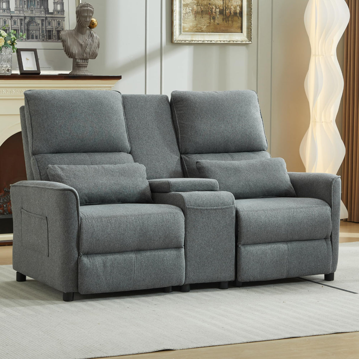 DRMBOOK 63'' RV Loveseat Recliner Sofa, Linen Fabric Double Camper Couch 2 Seater Recliner with Console, Home Movie Theater Seating Chair, 2 Person Push Back Recliners for Living Room, Grey DRMBOOK