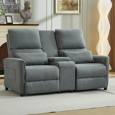 DRMBOOK 63'' RV Loveseat Recliner Sofa, Linen Fabric Double Camper Couch 2 Seater Recliner with Console, Home Movie Theater Seating Chair, 2 Person Push Back Recliners for Living Room, Grey