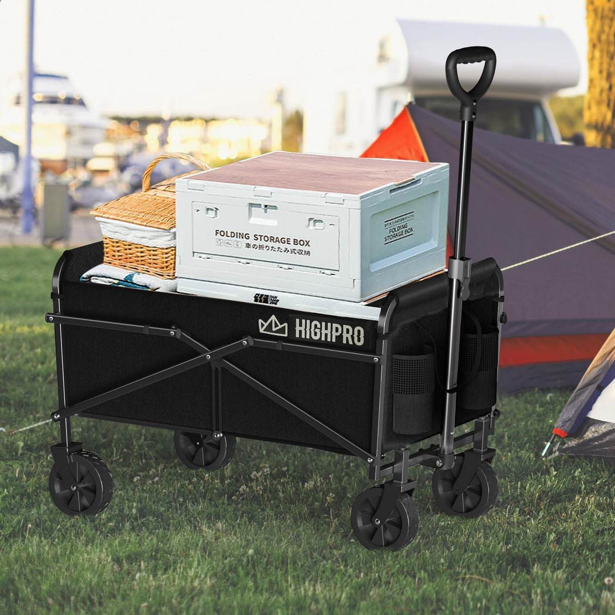 Highpro Collapsible Wagon Carts Foldable, Heavy Duty Beach Folding Wagon Cart with Wheels, Portable Grocery Garden Cart for Outdoor, Sports, Shopping, Camping, Black Highpro