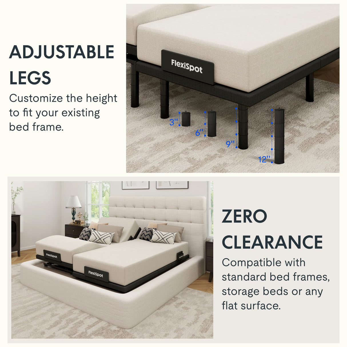 FLEXISPOT Adjustable Bed Frame Base Split King,Massage, Zero Clearance, Synchronized Adjustment,Whisper Quiet Durable Motor,Zero Gravity,Mattress Holders. FLEXISPOT