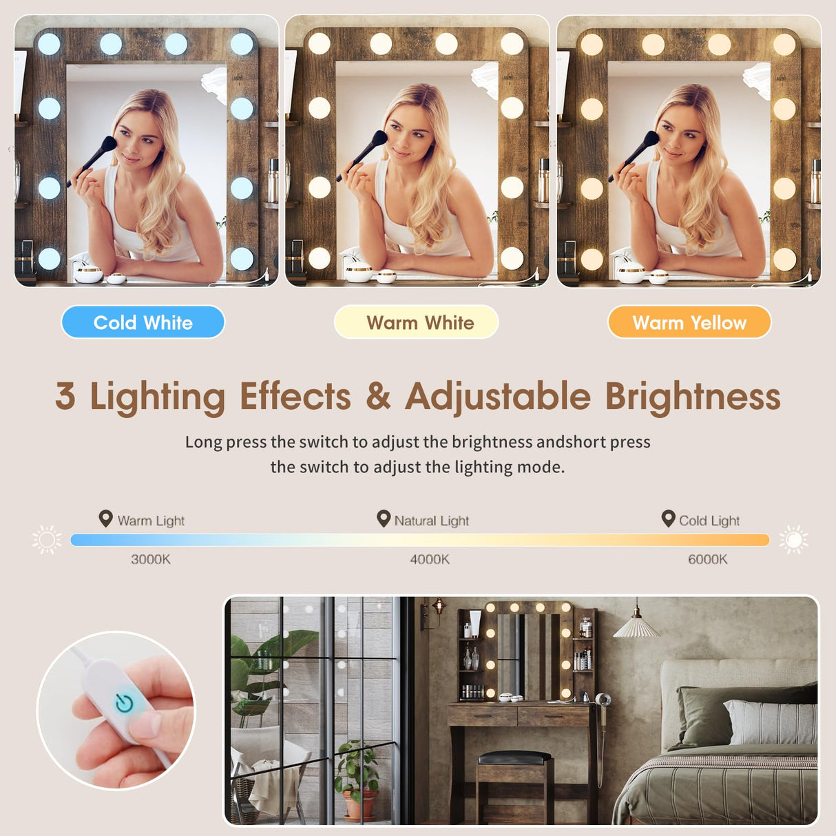 Maupvit Vanity Desk with Mirror and Lights,Makeup Vanity Table Set with Power Outlet,3 Lighting Modes & Adjustable Brightness Dressing Table with 2 Drawers for Bedroom Dressing Room,Rustic Brown Maupvit