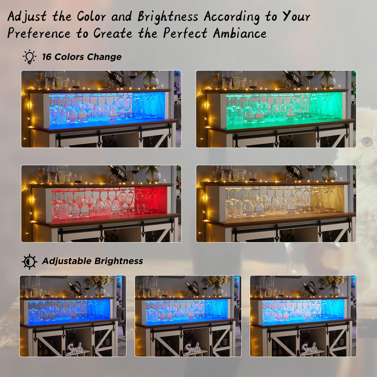 OKD Farmhouse Coffee Bar Cabinet with LED Lights, 55" Sideboard Buffet Table w/Sliding Barn Door & Wine and Glass Rack, Home Liquor Bar w/Storage Shelves for Dining Room,Antique White OKD