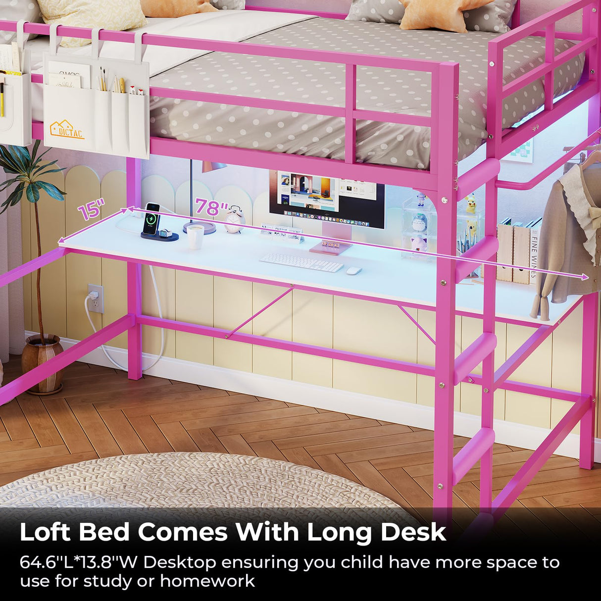 DICTAC Loft Bed Full Size with Desk and Led Lights Metal Full Loft Bed with Power Outlet Full Size Bed Frame with Top Bunk and Safety Guard & Ladder, Space-Saving,No Noise,No Box Spring Needed, Pink DICTAC