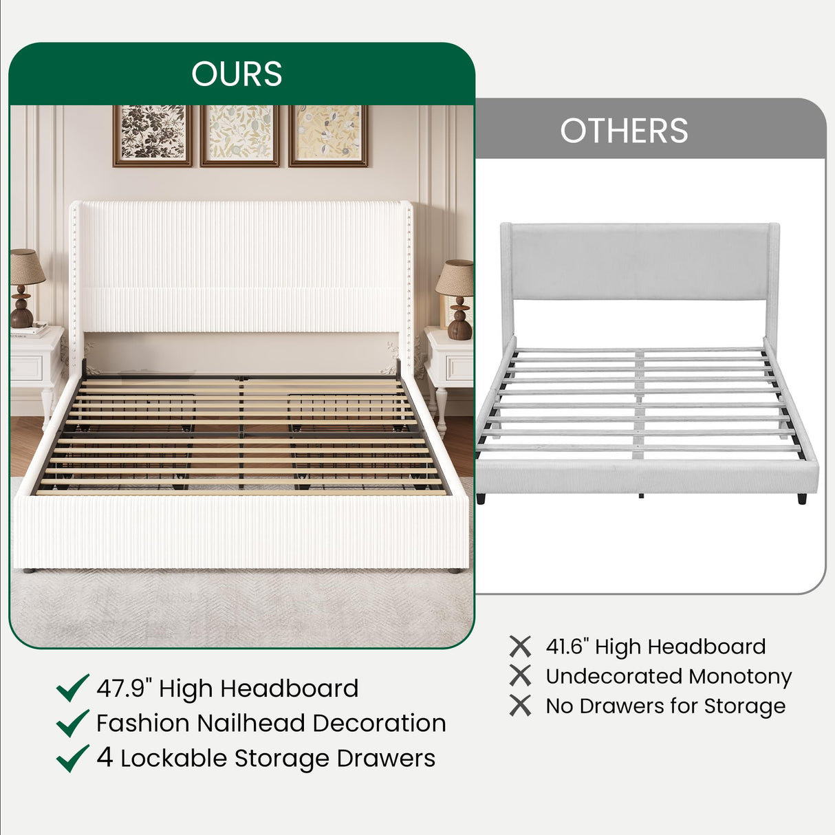 LARMACE King Size Bed Frame with 4 Storage Drawers Modern White Corduroy Upholstered Platform Bed Frame with Headboard Tufted Vertical Stripe &Wooden Slats Support, No Box Spring Need,Easy Assembly LARMACE