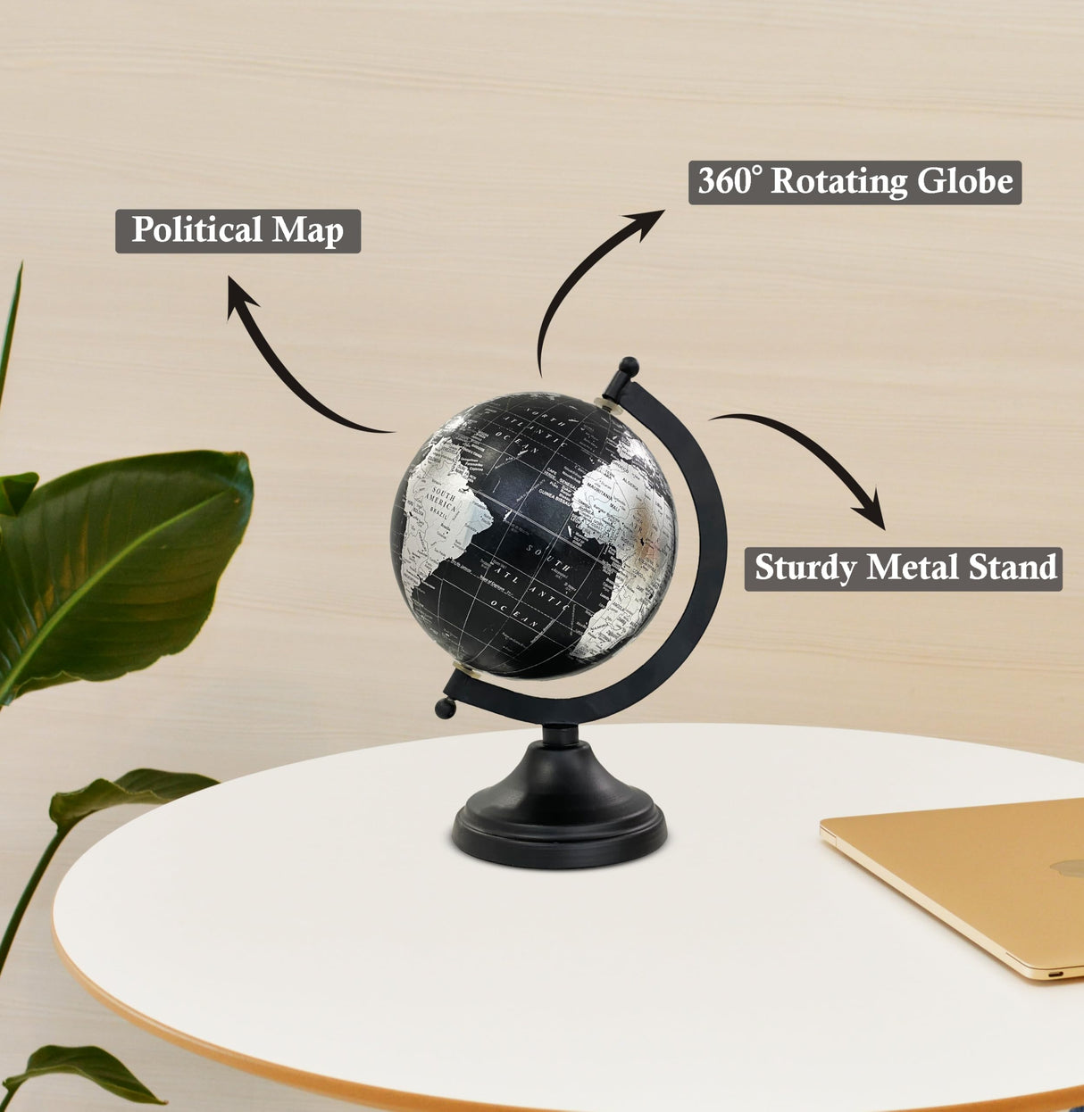 Rely+ 5" World Globe With Sturdy Metal Stand (NOT PLASTIC!) - Desktop Globe For Home Desk Table Office Decor - Book Shelf Decor Globe - 5 Inch - Metallic Black RELY+