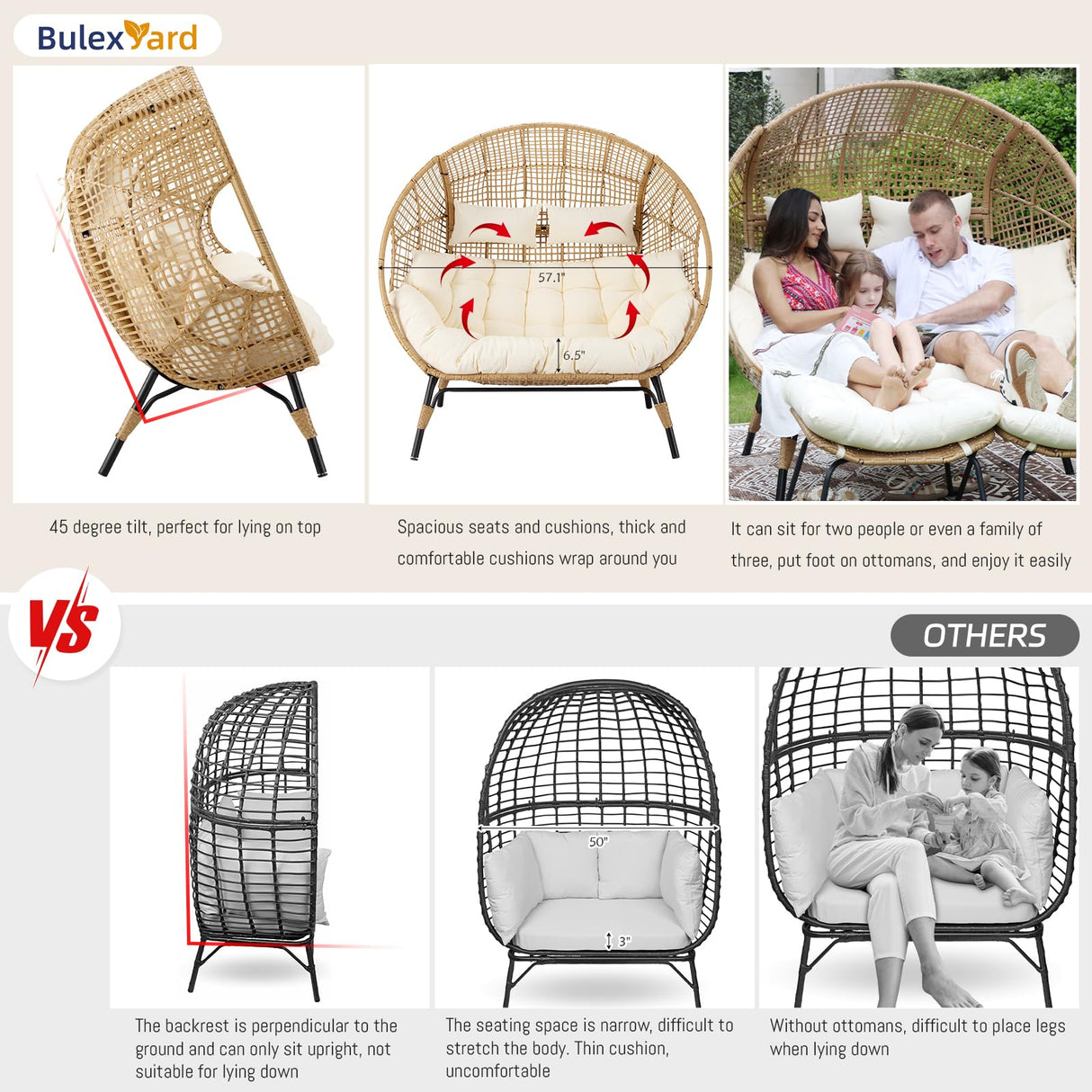 BULEXYARD Double Egg Chair with Ottoman Indoor Outdoor 680lbs, 2 Person Brown Wicker Oversized Stationary Egg Chair with Beige Thick Cushion, Patio Wide Lounge Loveseat with Legs for Balcony, Porch BULEXYARD