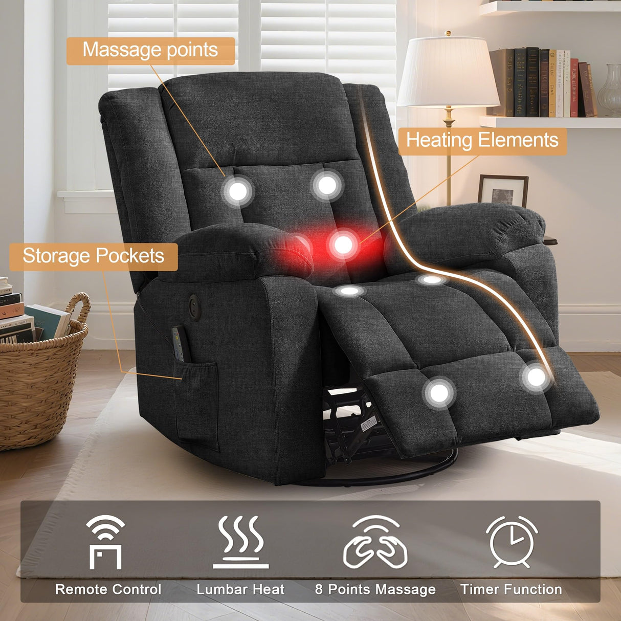 Korser Rocker Recliner, Glider Recliner Chairs for Adults, 360° Swivel Rocking Chair with Massage and Heating, Nursery Chair with Storage and USB Charging for Living Room, Bedroom, Nursery Korser