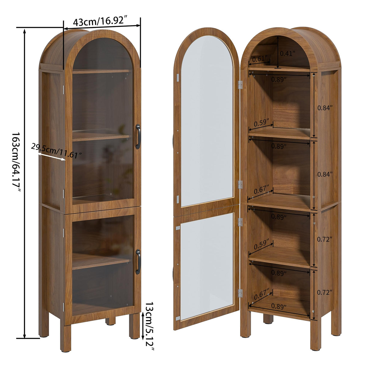 Lxsxlome Narrow Arched Bookcase, 64.17'' Tall Arch Bookshelf with Acrylic Glass Doors, 5 Shelf Bookcase, Freestanding Storage Organizer Display Cabinet for Living Room (Walnut, 64.17''H) Lxsxlome