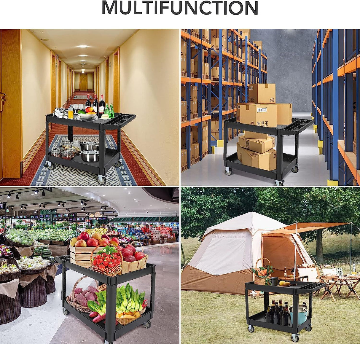 Service Cart 2-Shelf, 500 lbs Capacity, Storage Handle, for Warehouse/Garage/Cleaning/Manufacturing, 45"X25" PioneerWorks