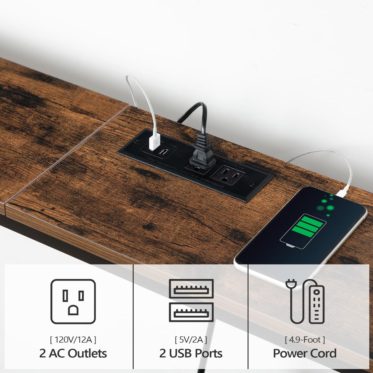 MAHANCRIS 78.7" Console Table with Power Outlet, Narrow Sofa Table, Industrial Entryway Table with USB Ports, Behind Couch Table for Entryway, Hallway, Foyer, Living Room, Rustic Brown CTHR20E01 MAHANCRIS