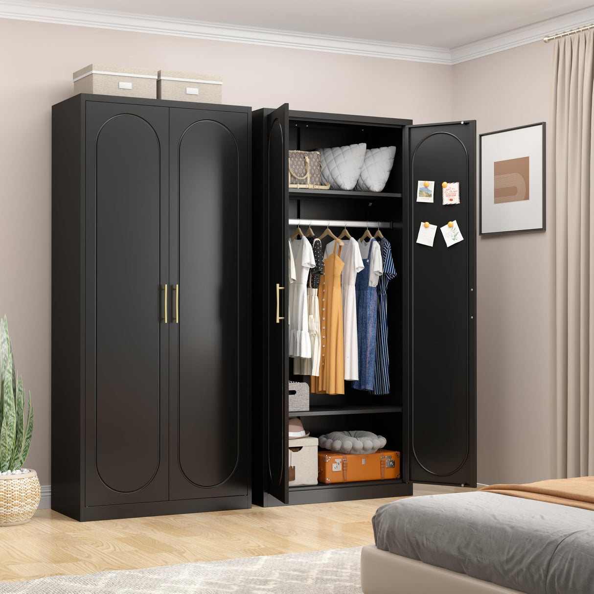 UNICOLY Armoire Wardrobe Closet with Doors, 71'' Wardrobe Cabinet with Hanging Rod, Metal Closet with 2 Adjustable Shelves for Bedroom School, Employee, Gym, Armarios De Ropa para Dormitorio, Black UNICOLY