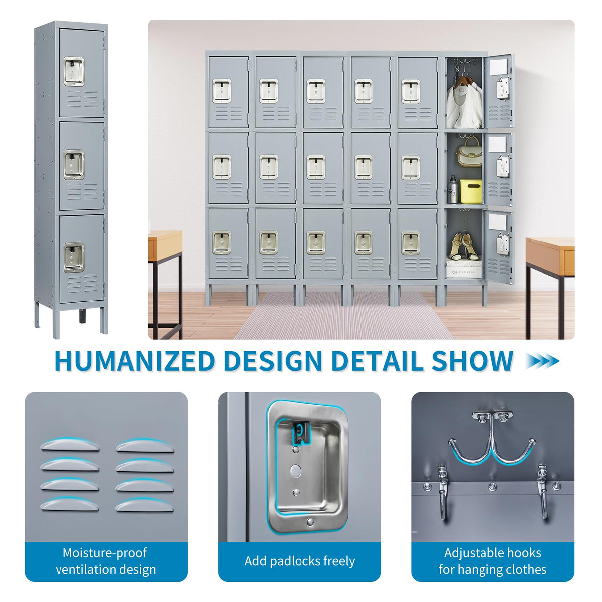 FLIXELIO Metal Lockers for Employees 66" H Tall Storage Locker with Lock Gym Locker Cabinet with 3 Doors Steel Wardrobe for Office Home School Staff Assembly Required FLIXELIO