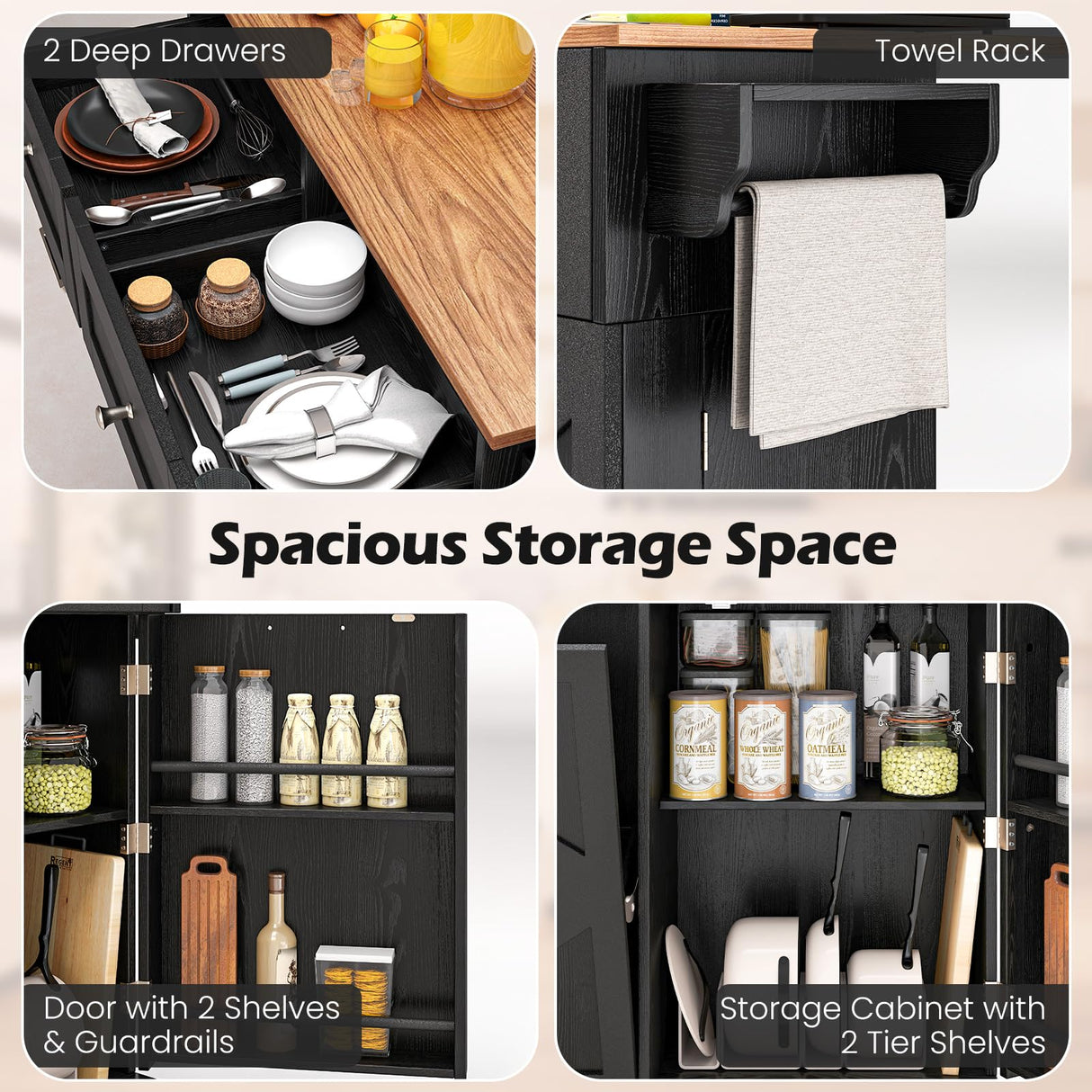 Giantex Kitchen Island Cart with Hidden Tilt Out Trash Can Cabinet, Drop Leaf, 2 Drawers, Towel Rack, Rolling Mobile Breakfast Bar Table, Wood Kitchen Storage Cart on Wheels (Black & Natural) Giantex