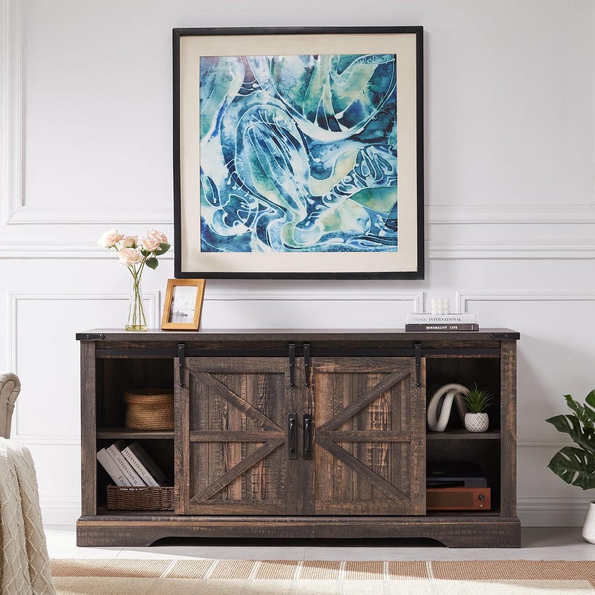 OKD Farmhouse Electric TV Stand for 65+ Inch TV, Rustic Entertainment Center with 18" Fireplace, Sliding Barn Door, Storage Shelves, Wood Media Console Cabinet for Living Room, Dark Rustic Oak OKD