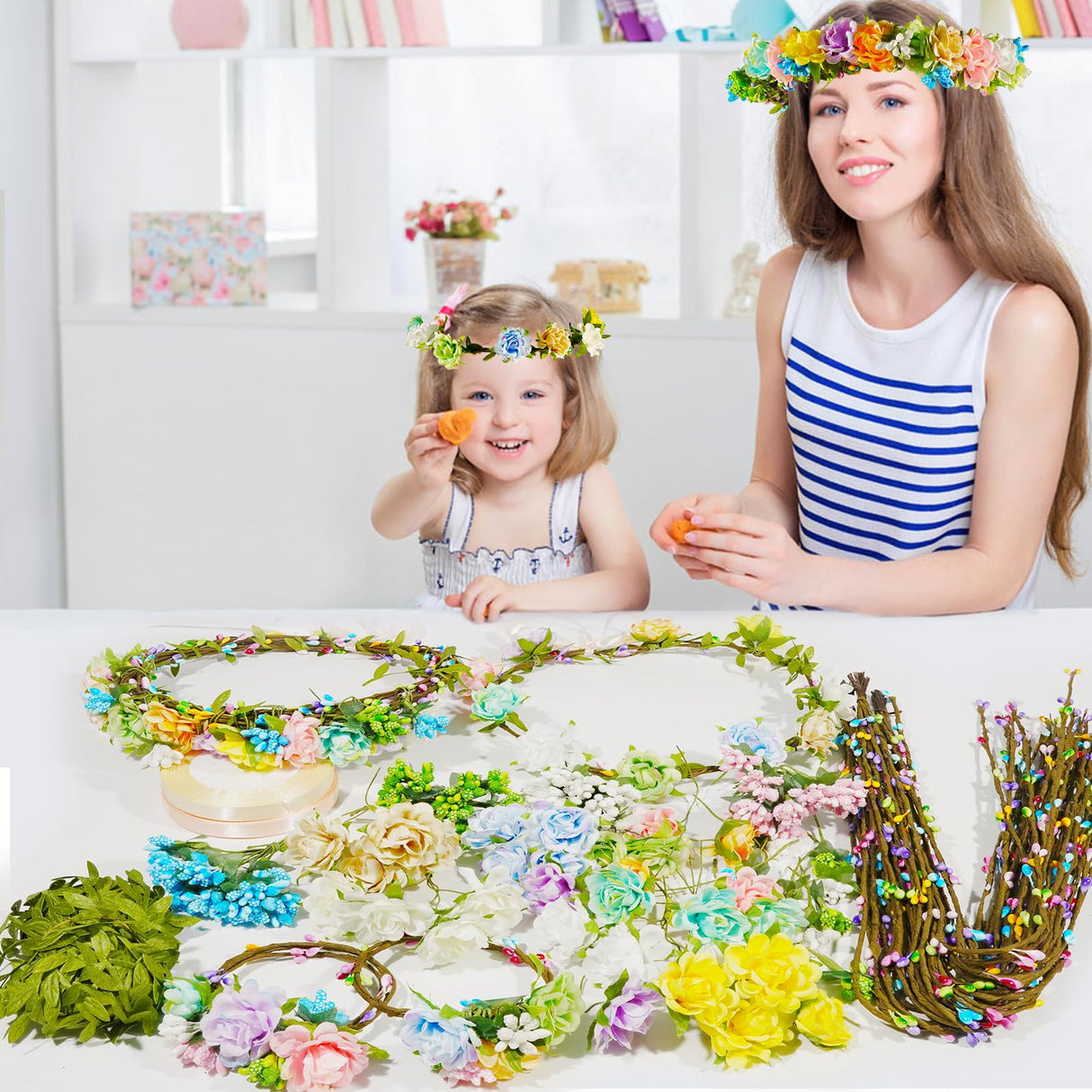 Timlotti 141Pcs(30 Set) Flower Crowns Kit for Girls Flower Crowns Making Kit Make Your Own Floral Crowns Garland Wreath with Berries and Ribbon for Girls/Teens/Women(Blooming Rose) Timlotti