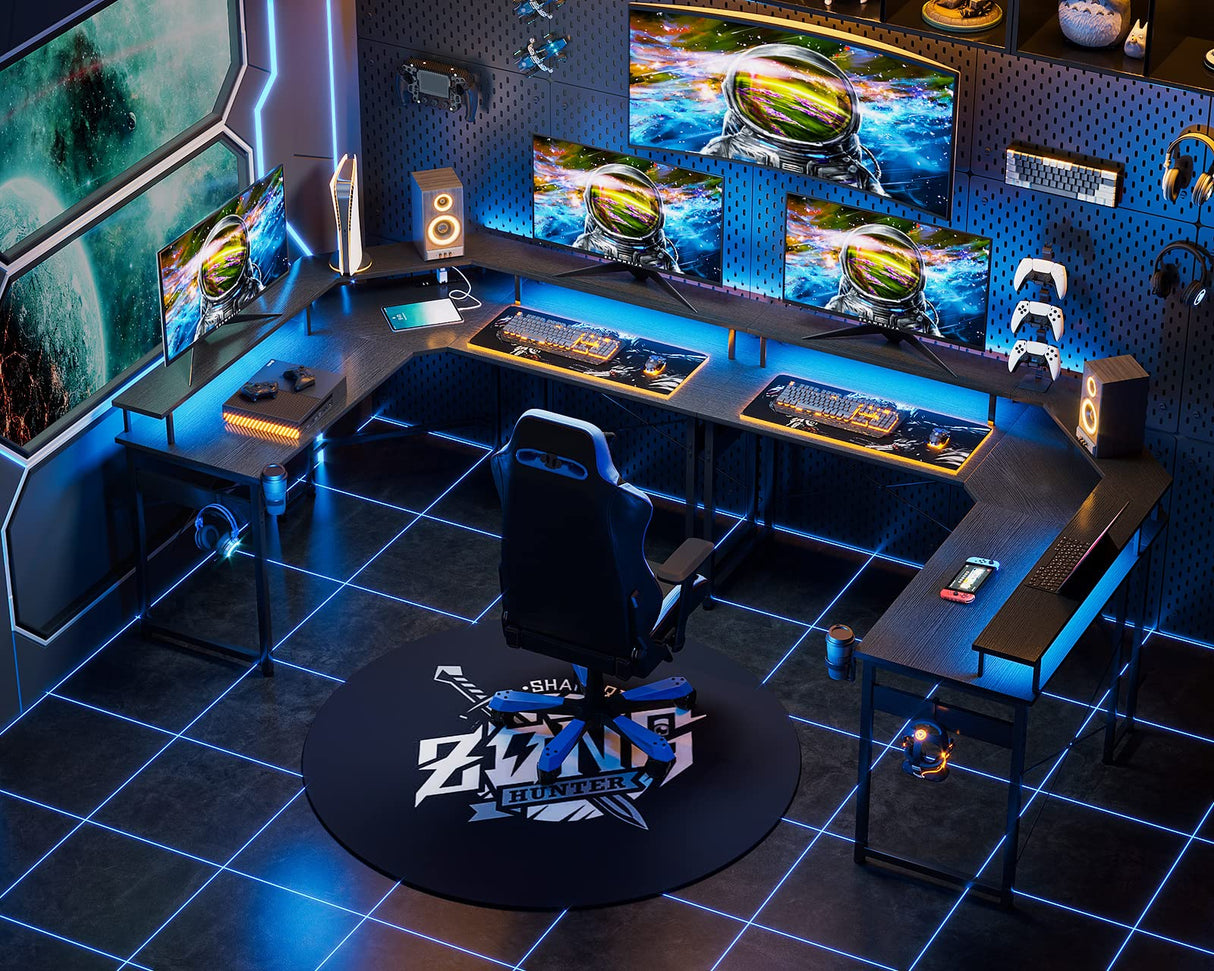 ODK L Shaped Gaming Desk with LED Lights & Power Outlets, 51" Computer Desk with Full Monitor Stand, Corner Desk with Cup Holder, Gaming Table with Hooks, Black ODK