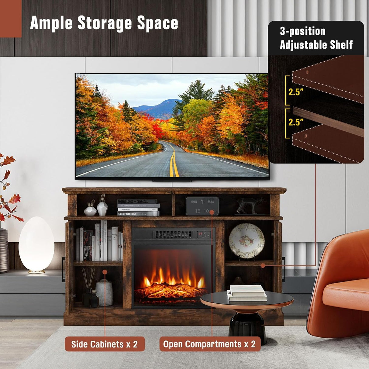 RELAX4LIFE Electric Fireplace TV Stand for TVs up to 55’’, TV Console Table w/18’’ Fireplace Insert Heater, Remote Control, Adjustable Shelves, Wood Media Entertainment Center with Fireplace (Brown) RELAX4LIFE