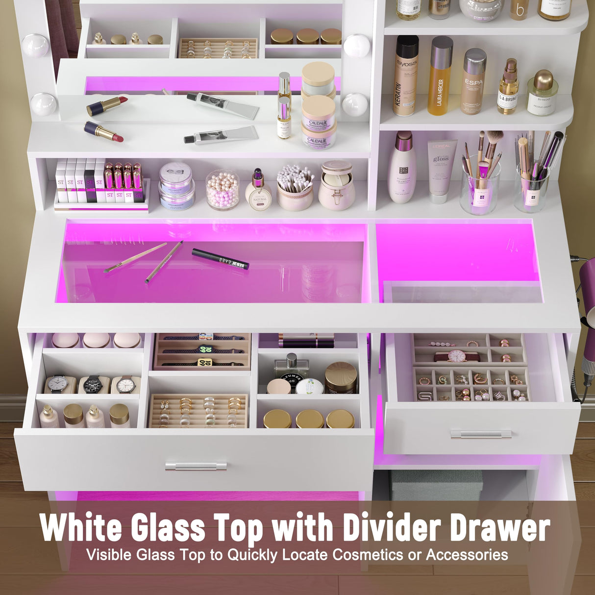 HuaYing White Vanity Desk with Mirror and Lights, Vanitys with Glass Top & Power Outlet, Dressing Table with 36 Lighting Modes Brightness Adjustable RGB Drawers, for Women Girls Bedroom HuaYing