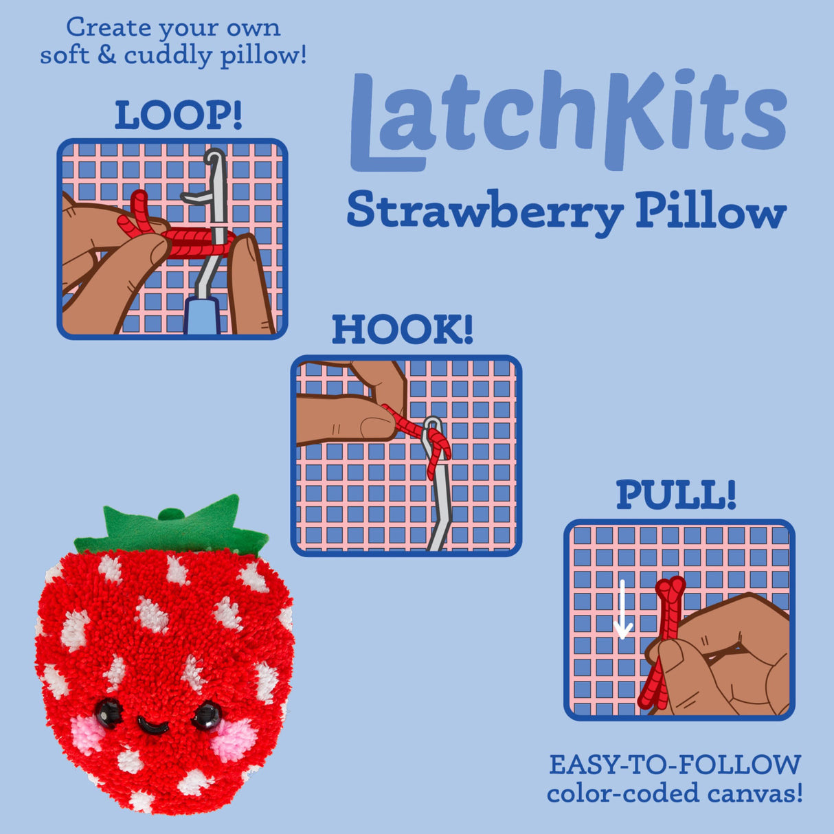 Latchkits Strawberry Pillow - Latch Hook Kits for Kids, Arts and Crafts, Yarn Art, Kids Crafts, Toys for Girls, Birthday Gift for Girls, Easy to Follow Pattern, Hook Included, Craft Kits, Ages 6+ LatchKits